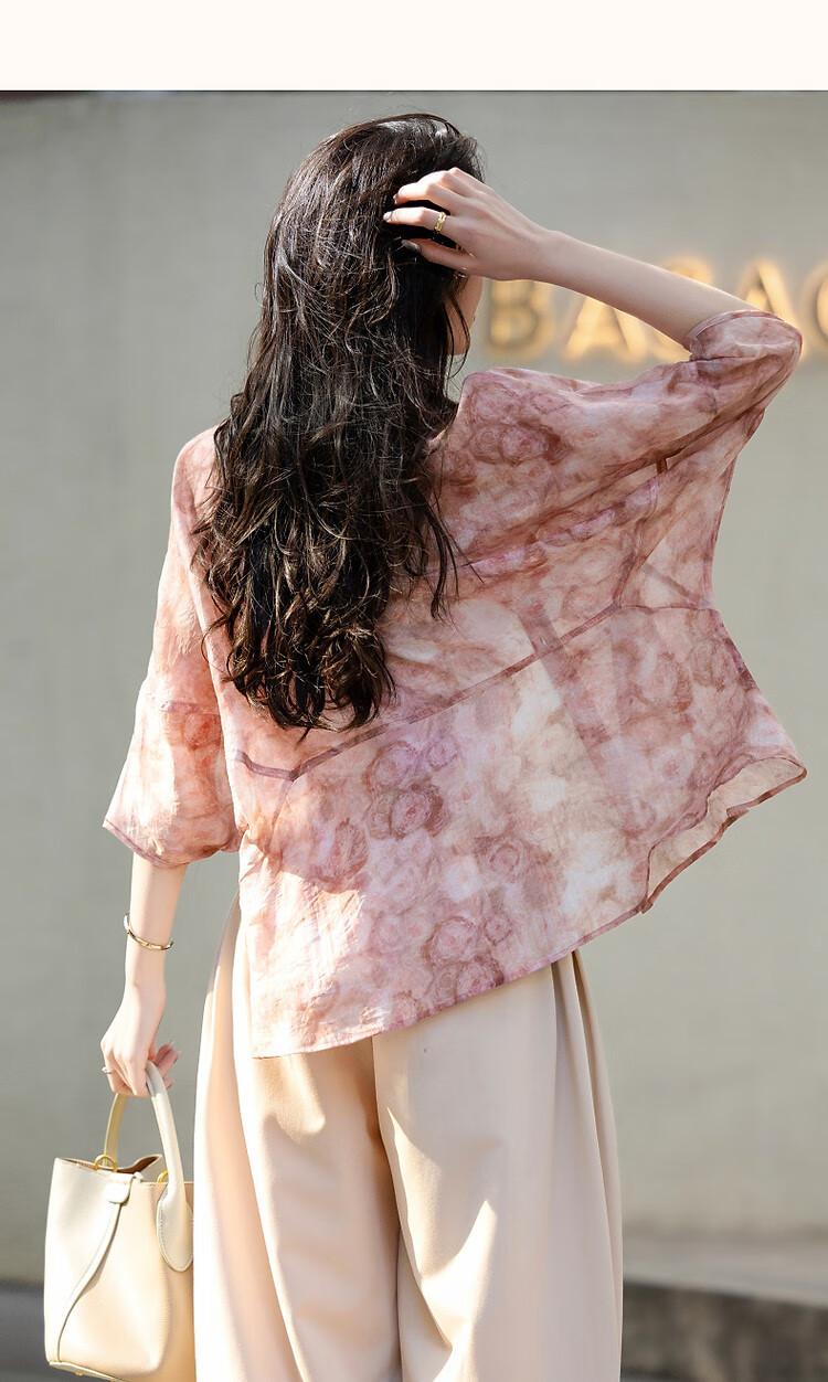 Dme [Bolimamanbo] Summer Flowy Cloud Brocade Thick-Printed Shirt, Stylish Divided Mid-Sleeve Blouse, Women's Top 19