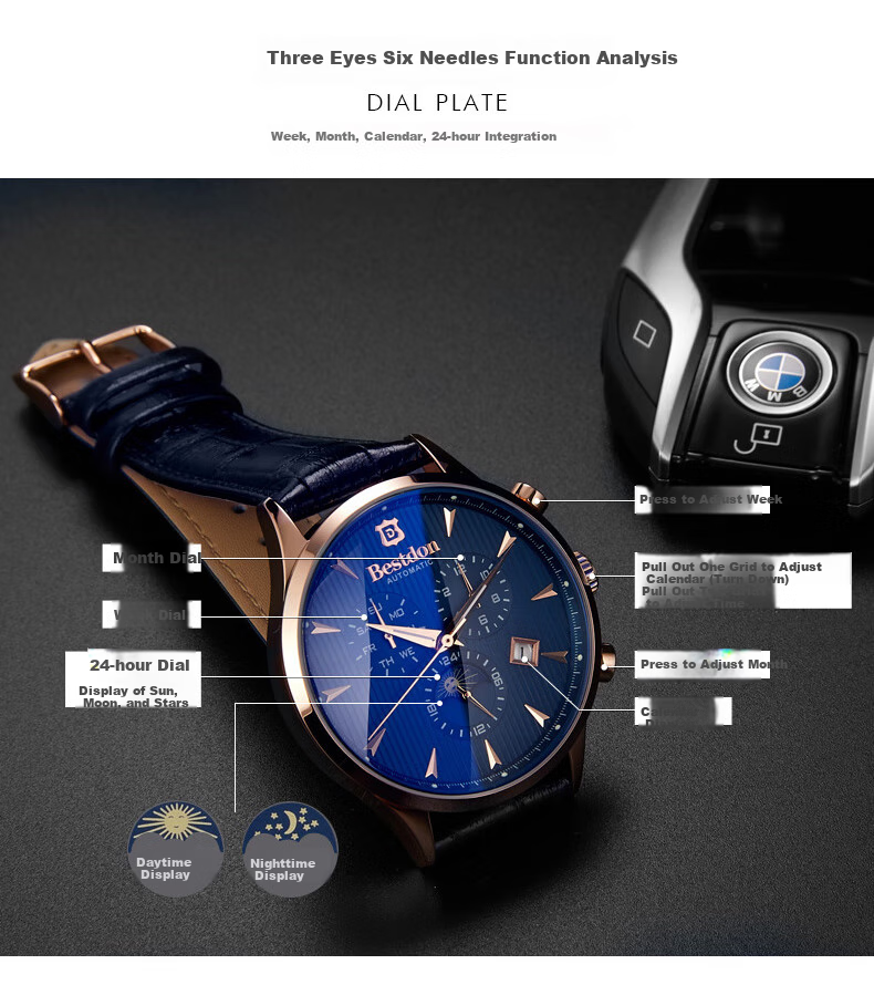 Bestdon Men's Fully Automatic Mechanical Watch, Water-Resistant, Trendy Wristwatch Gift Box for Me 6