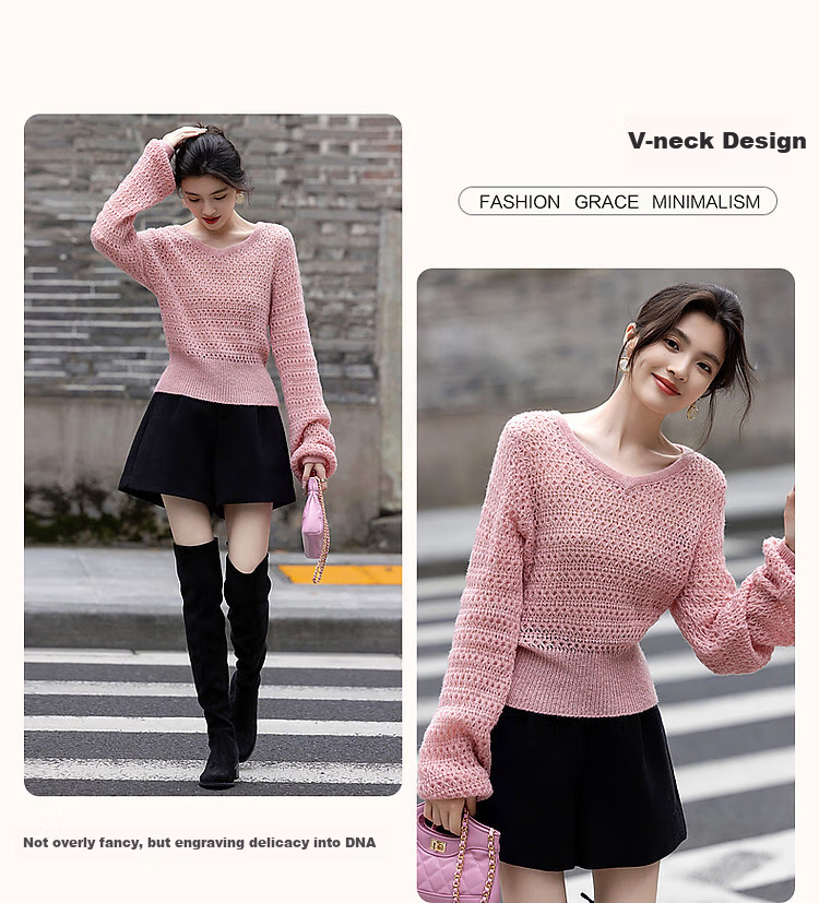 Dme [Containing Wool] Spring And Autumn Gentle V-Neck Hollow-Out Sweater, Body-Hugging, Girly Short Knit Top for Wome 6