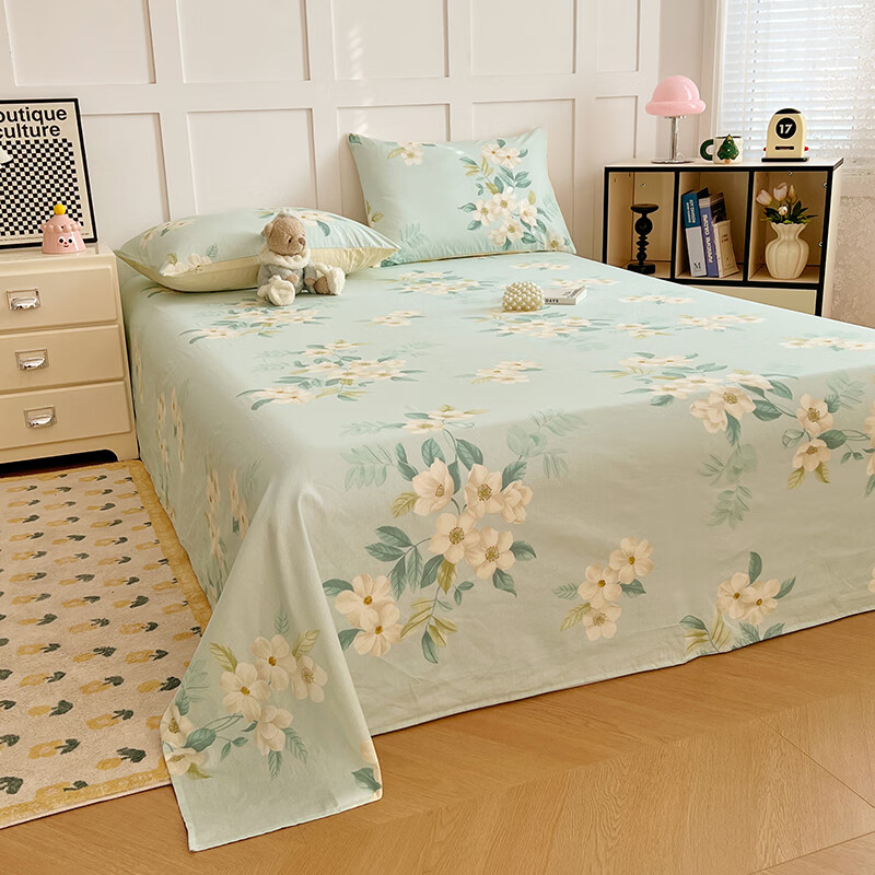 Hodo Pure Cotton Bed Sheet Single Piece, 100% Xinjiang Cotton, Thick Bed Cover for Student Dormitory, Gardenia Pattern, 160*230cm