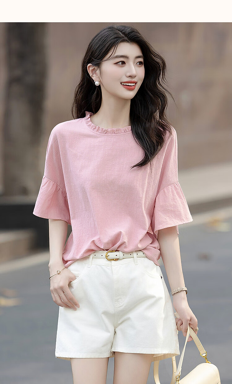 Demana [Skin-friendly Pure Cotton] Summer French Lace Round Neck Ruffle Sleeve Loose Fit Petite Shirt Women's Top 15