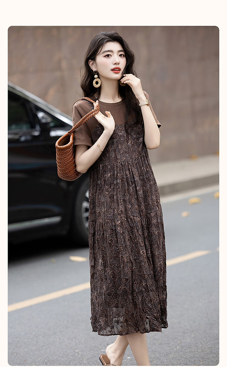 Demana Natural Crinkle Texture Summer French Romantic Faux Two-Piece Printed A-Line T-Shirt Dress for Women 1