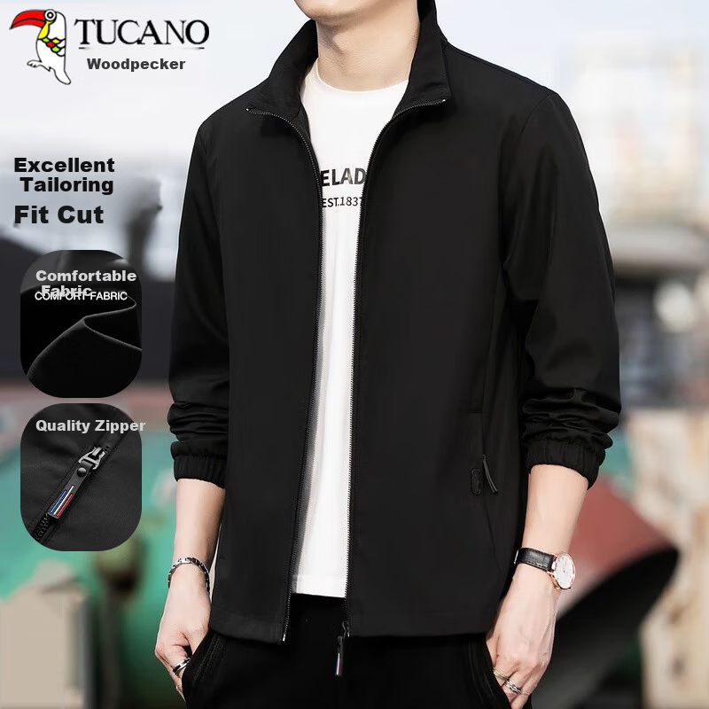 TUCANO Men's Jacket, Business Casual Solid Color Stand Collar, Fashionable Trendy Outerwear for Young And Middle-Aged Men, Black, 4XL