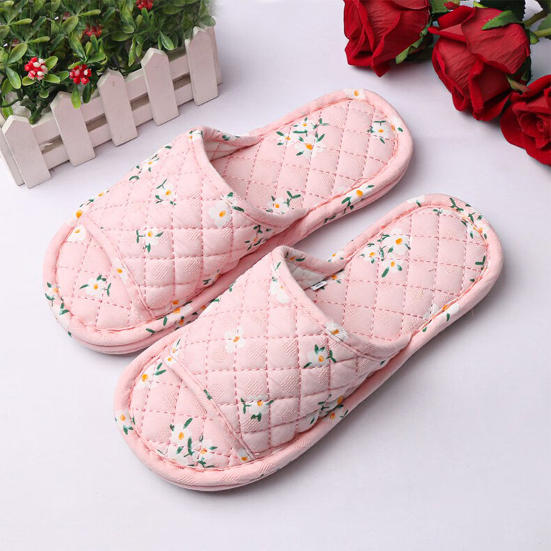 FOOTOPPO Fabric Korean Style Slide Sandals for Women, Bedroom Soft-Soled Silent Wooden Floor Cloth-Soled Slippers, Ladies' Home Cotton Slippers 3