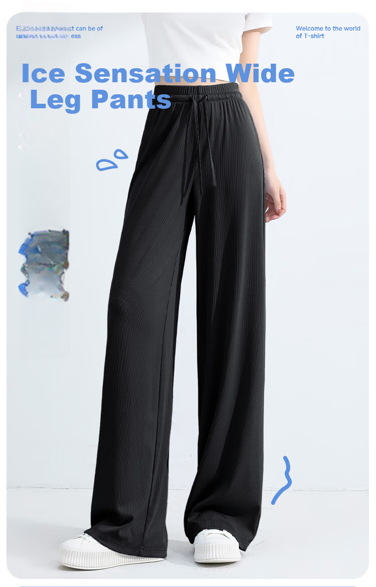 Baleno Cooling Ice Silk Pants for Women, Summer 2025 Thin Wide-Leg Trousers, Flowy Versatile Commuter Sports Straight Casual Long Pants 2