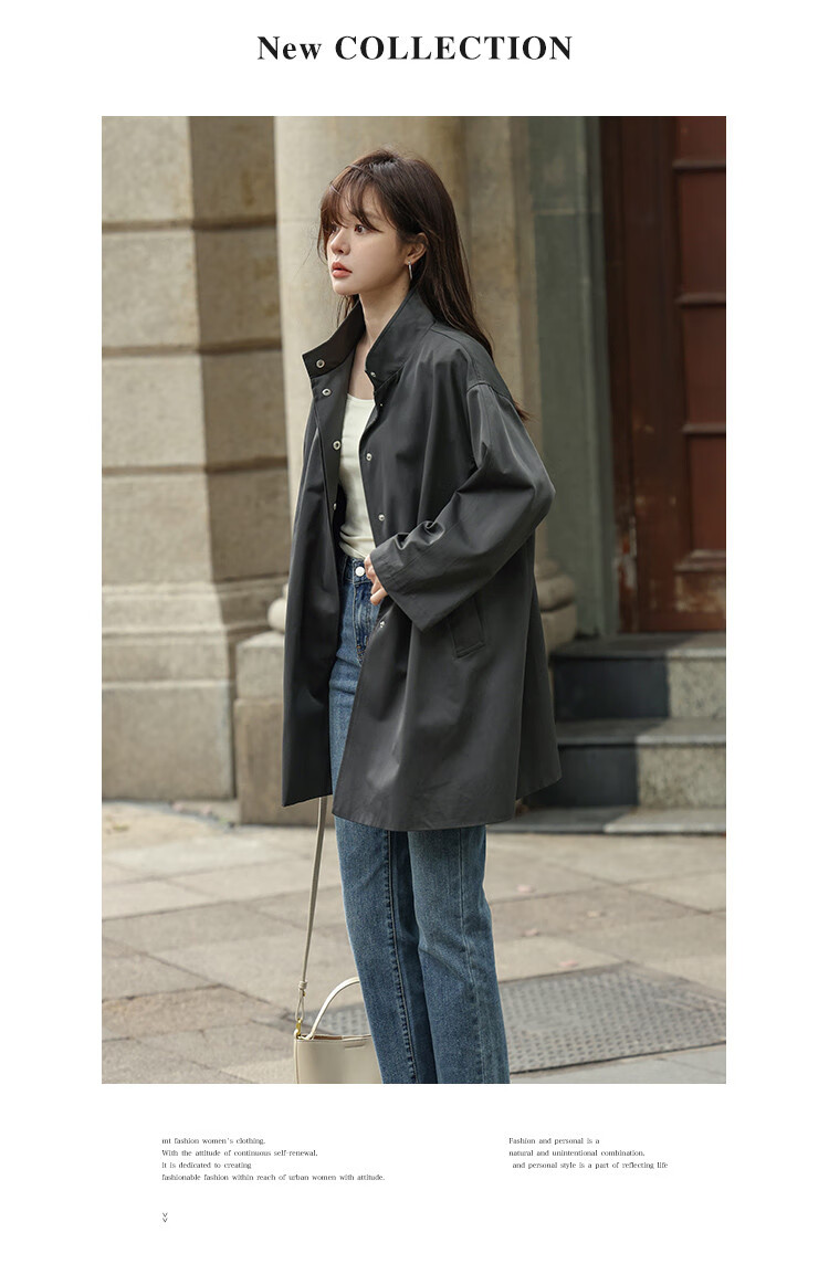 MT Grey British Style Autumn Stand Collar Wide Edge Pocket Design Loose Mid-Length Trench Coat 7