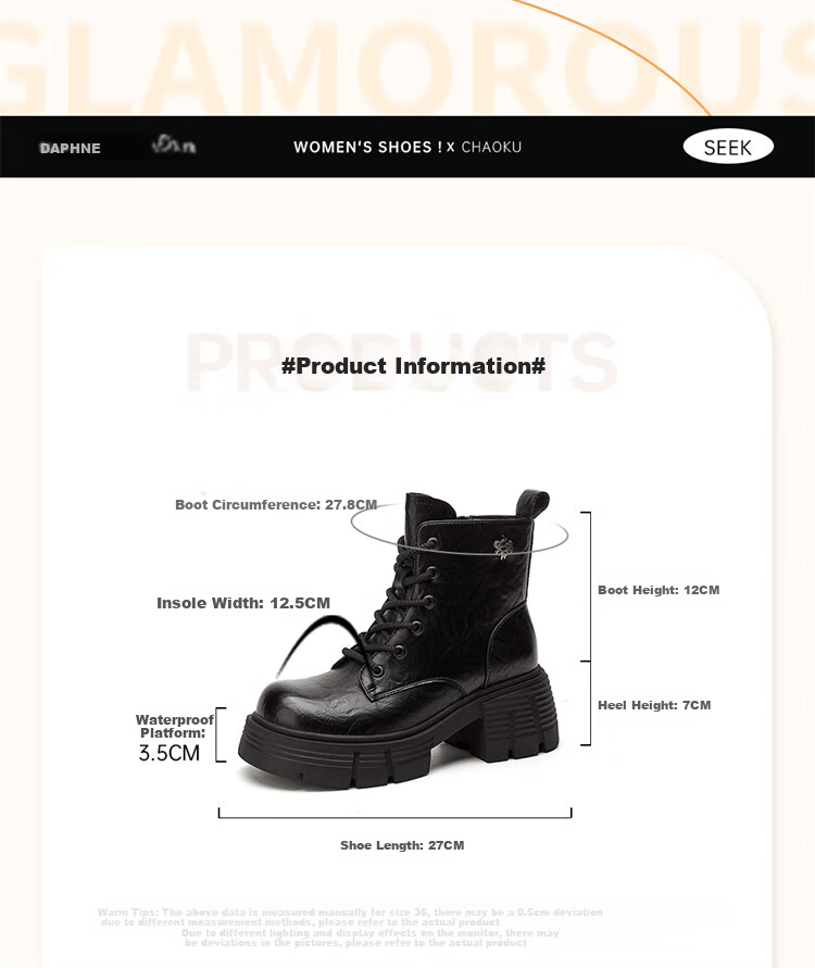 DAPHNE Thick-Soled Women's Martin Boots, Winter British Style Versatile Fleece-Lined Ankle Boots, Fashion Boots for Women, Black, Size 35 3