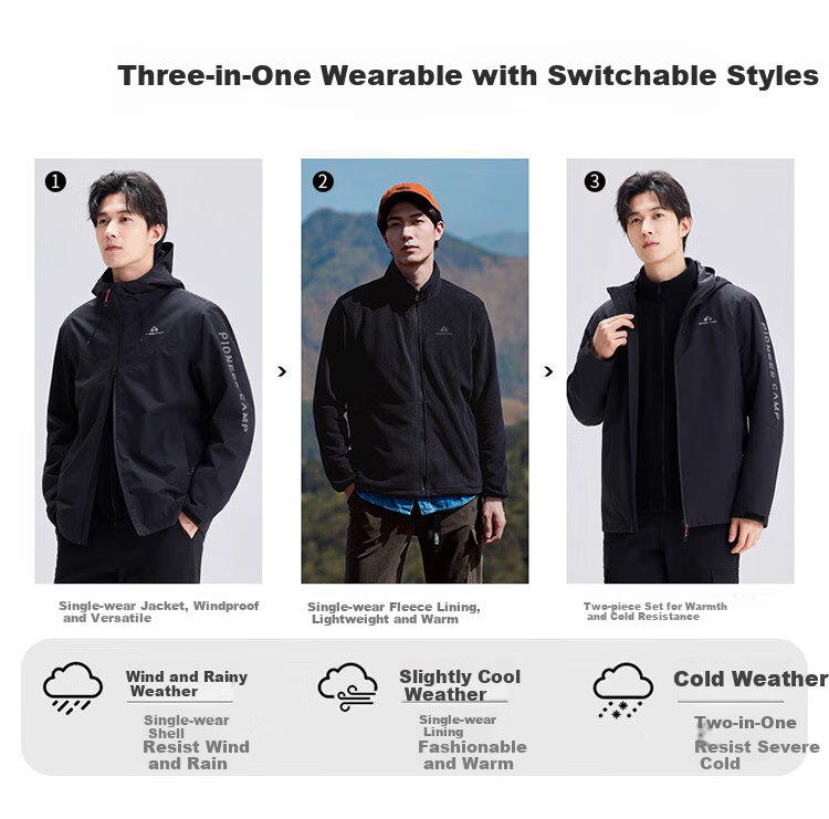 Pioneer Camp Three-In Hardshell Jacket for Men, Autumn And Winter Outdoor Fleece-Lined Windproof Waterproof Warm Coat Hiking Wear Orange-Red XL 1
