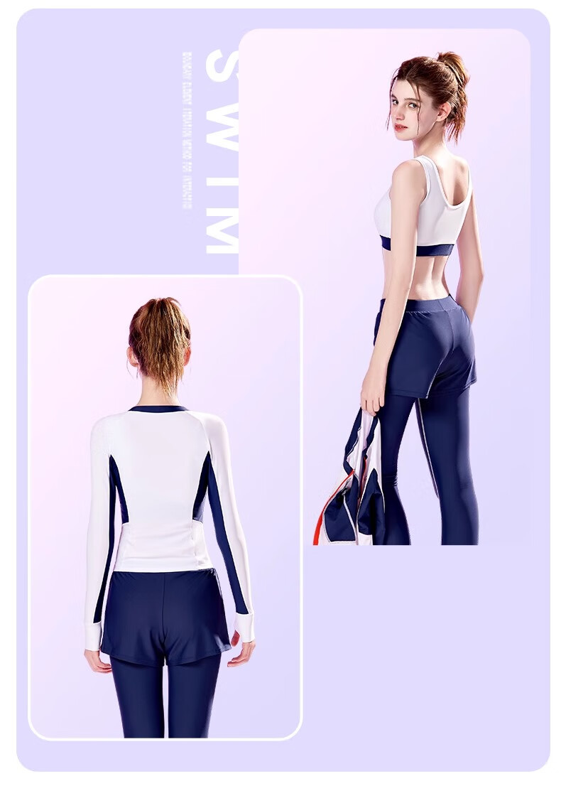 Dishini Women's Swimsuit, Swimming Pool Two-Piece Long-Sleeve And Long Pants, Sun Protection, Hot Spring Swimwear, Three-Piece Set D15077, Navy Blue, Size L 7