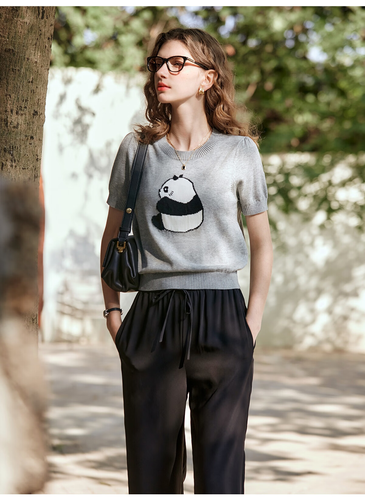 Oulain Elegant Short-Sleeve Knit Top for Women, Spring And Summer Fun Panda Pullover Sweater, Light Gray, L 11