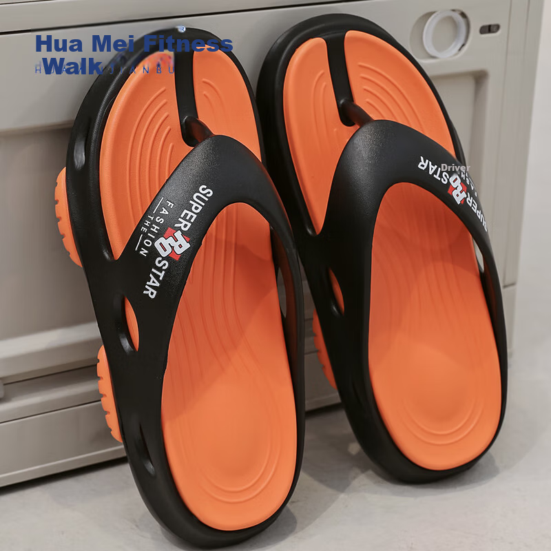 Huameijianbu Men's Flip-Flops, Thick Sole, Indoor And Outdoor Casual Wear, Lightweight Beach Thongs, Sandals HM2441 Black Orange Size 44-45
