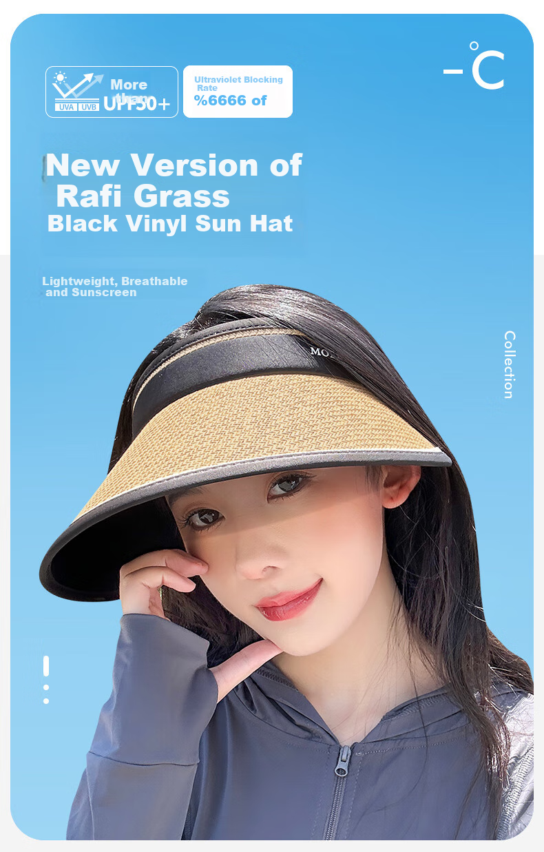 MOERCIAN Sun Protection Hat for Women, Beach Straw Hat, Summer Outdoor Black Gel UV-Resistant Sun Hat 1
