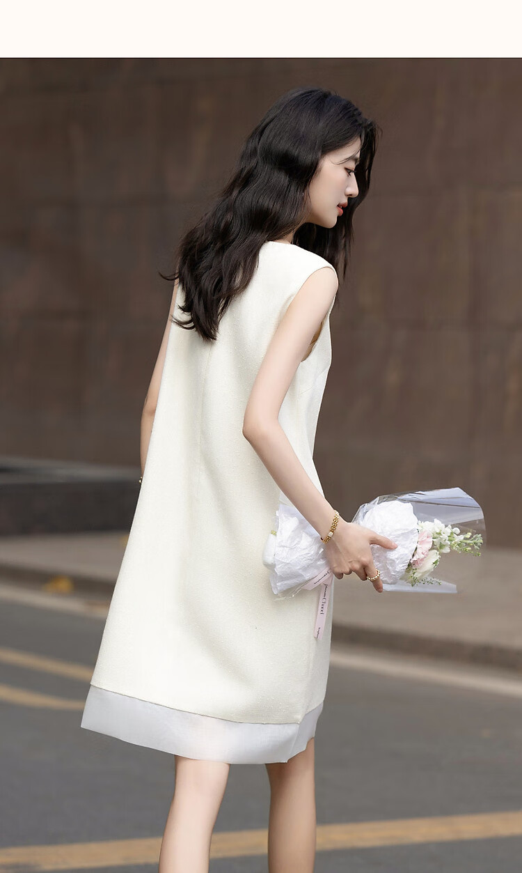 Demana Summer Little Chanel Style V-Neck Organza Spliced Sleeveless Women's Dress with Granular Two-Tone Yarn Weaving Craft 8