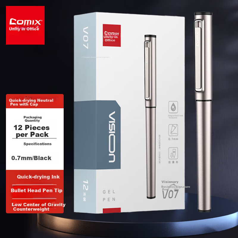 COMIX Smooth Quick-Drying Gel Pen, Pull-Off Cap Signature Pen, Business Vision Series, 0.7mm Bullet Tip, Black, 12 Pens/Box, V07
