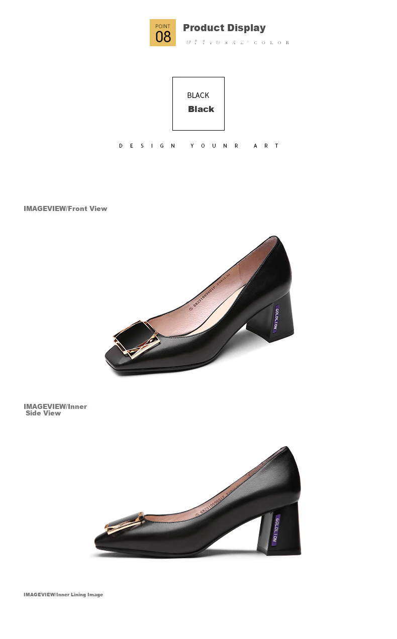 Goldlion Women's Square Toe Chunky High Heel Simple Metal Buckle Low-Cut Work Pumps 68291009601P - Black - Size 36 7