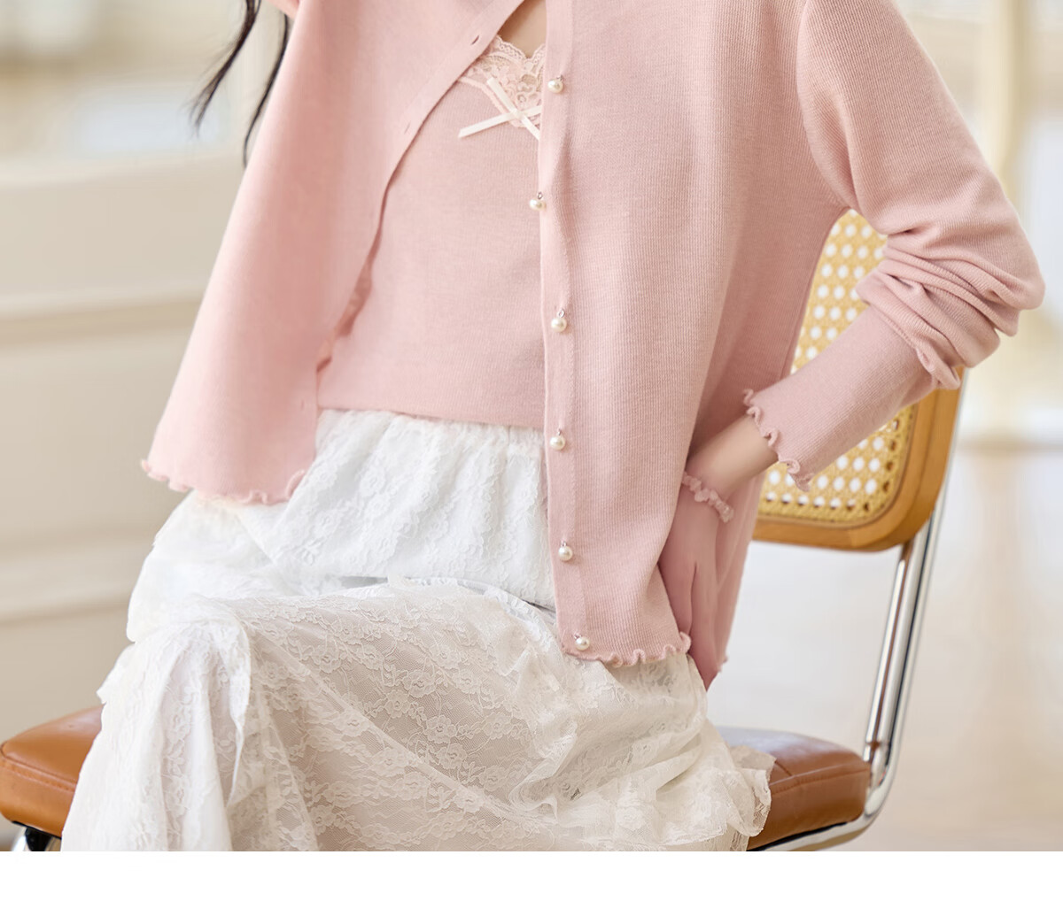 PinCai Knitted Cardigan for Women, Lace Design Inner Vest Two-Piece Set, Thin Knit Outer Jacket P52Z074 45