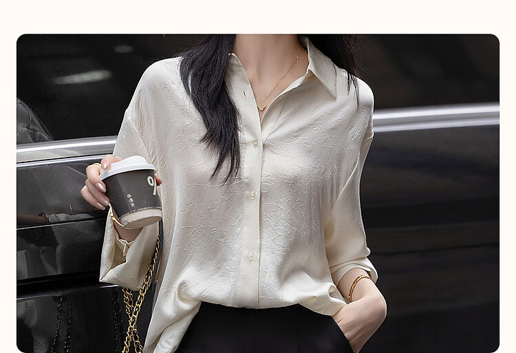 Dme [Four Seasons Wear] Spring Simple Style Commuter Shirt POLO Collar Wrinkled Shiny Texture Blouse Women's Top 4