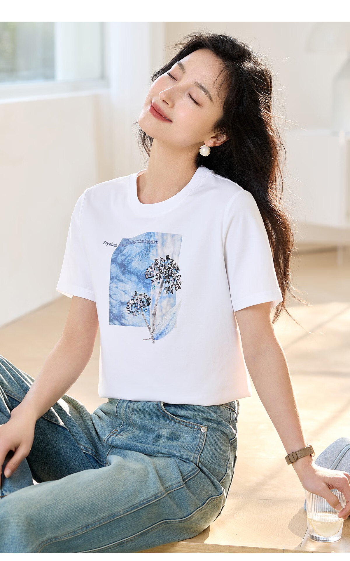 Chushen Summer Short-Sleeve T-Shirt for Women, Fashionable Round Neck, Heavy Embroidery with Sequins, Casual Top S52T029 28