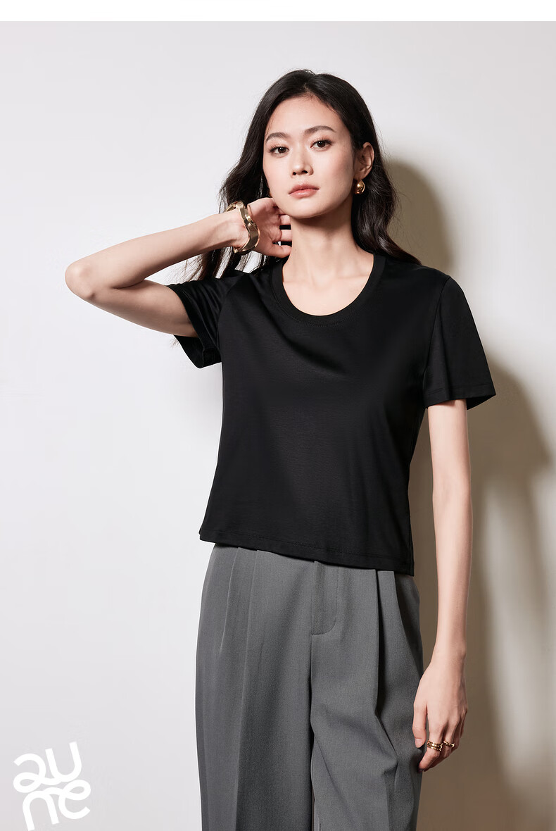 Chuyu Mulberry Silk T-Shirt for Women, 2025 New Style, Mandarin Collar Short Sleeve Simple Versatile Top, Ice Lake Blue, M 24