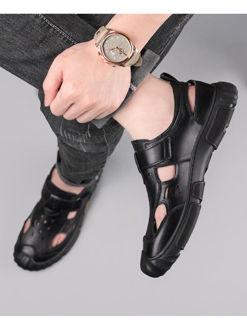 Playboy Men's First Layer Cowhide Hollowed Out Sandals Open Toe Genuine Leather Business Middle-aged and Elderly Dad Sandals Black Size 42 8