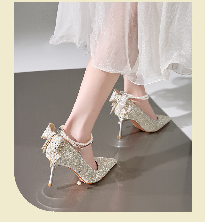 ZHR High Heels for Women, Fairy Crystal Wedding Shoes, Pearl Pointed Toe Shoes, Thin Heel Shallow Mouth Pumps, Suitable for Dresses, IE01 Silver Color, Size 39 15