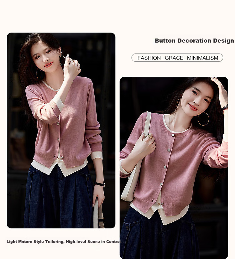 Dme [Jingshu Lingxiang Yichuang] Spring And Autumn Design-Inspired Faux Two-Piece Contrasting Color Sweater with Decorative Button Knit Top for Wome 5