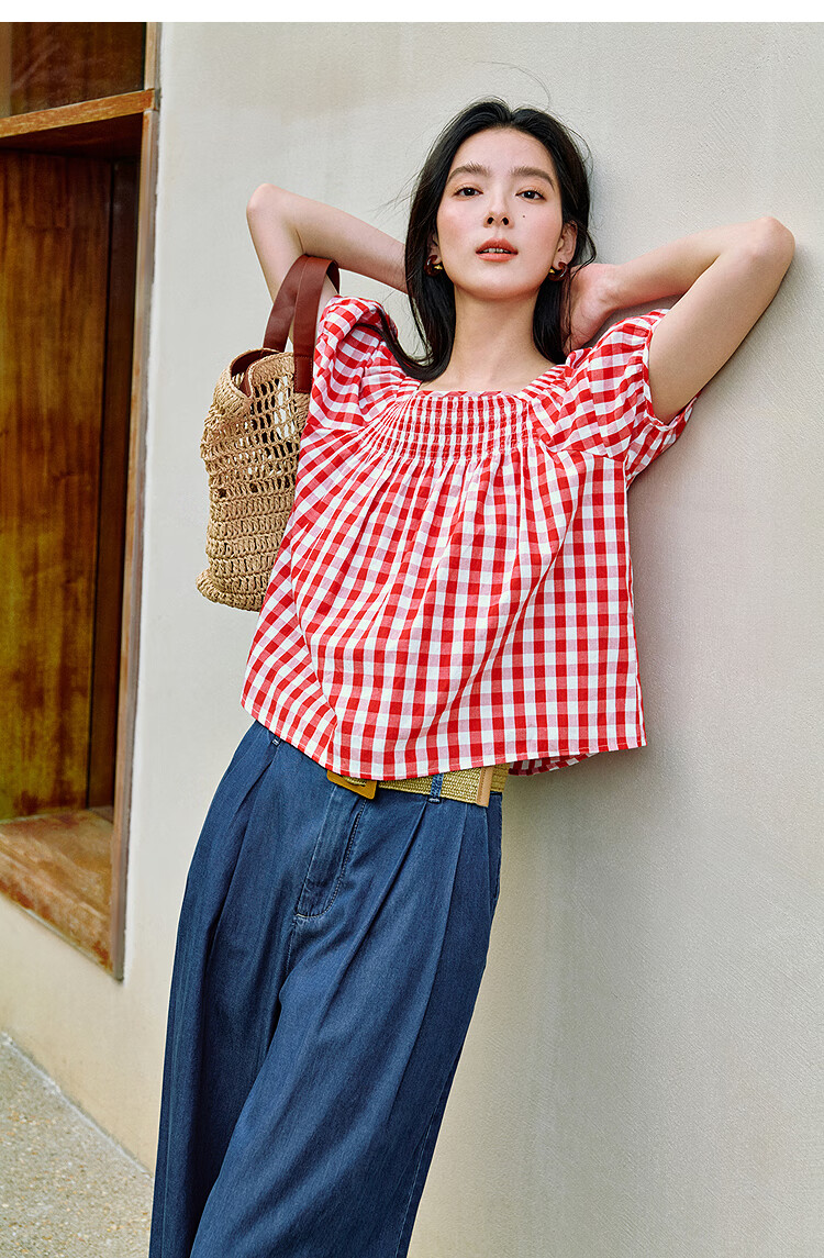 Inman 100% Cotton Sweet Plaid Shirt 2026 Summer New Women's Slim Waist Pleated Blouse Light Blue Plaid L 8