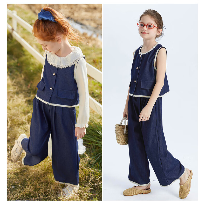 Fulomi Girls' Spring Autumn Vest Top and Casual Wide-Leg Pants Two-Piece Set Blue 110 5