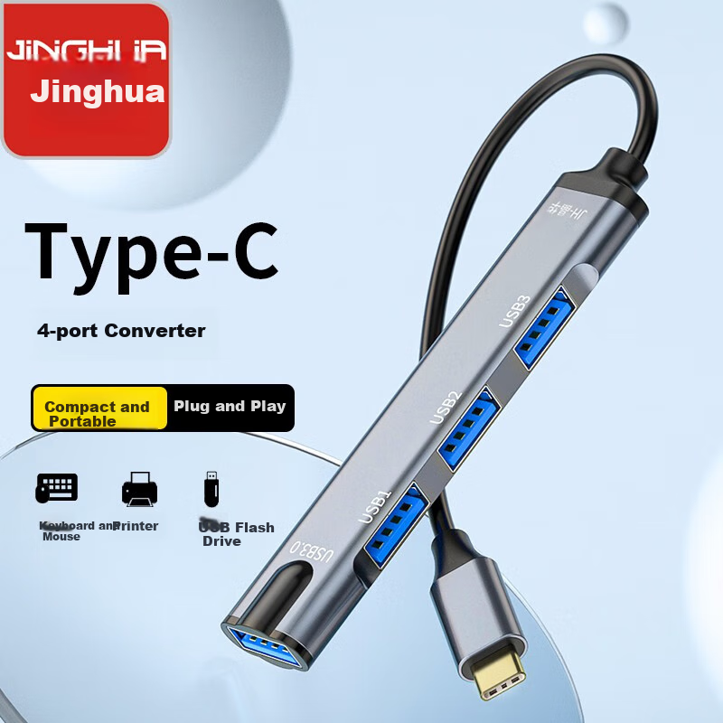 Jinghua Type-C Hub USB3.0 Four-Port Expansion Dock HUB One-To Splitter Computer Laptop Converter IPad Phone Adapter Alloy Black And Gray N803