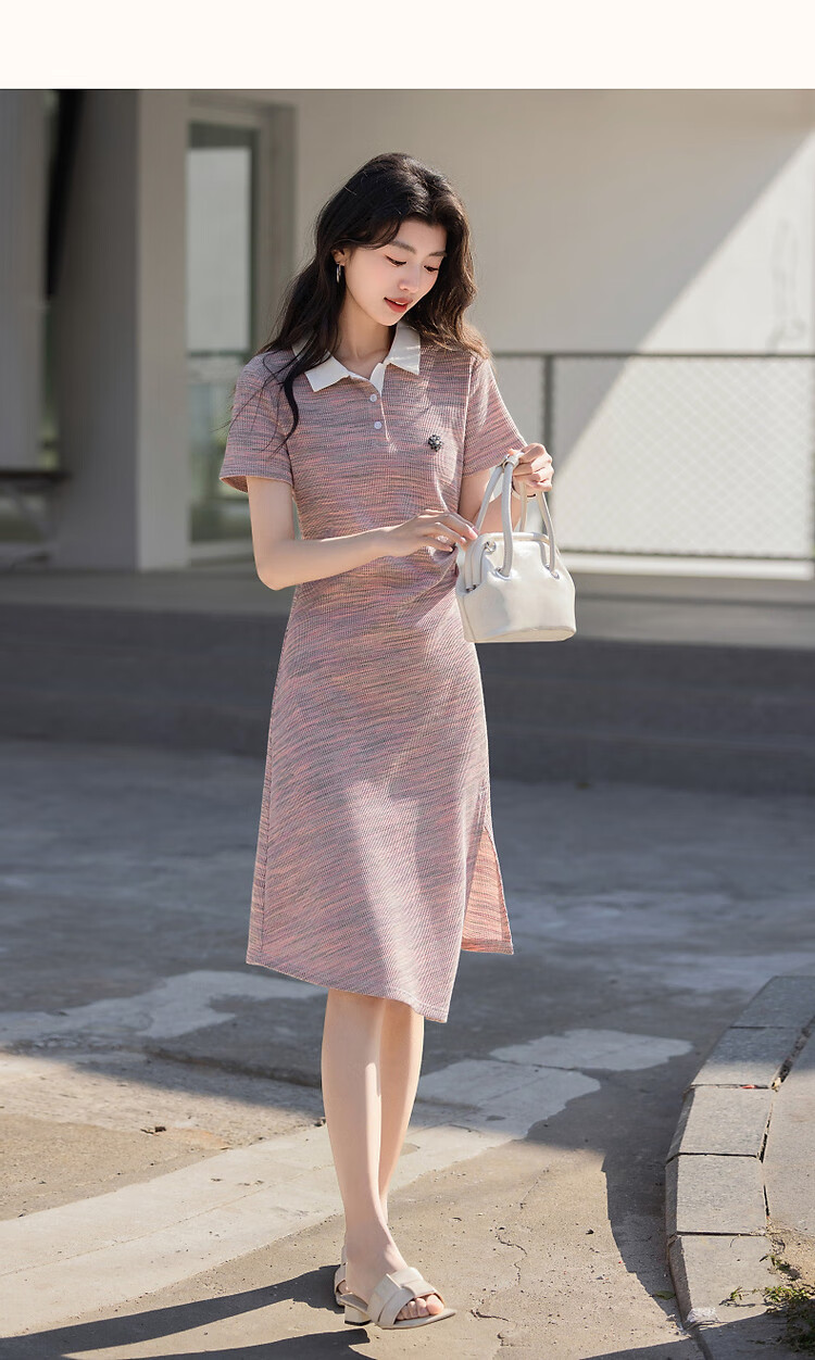Demana [With Cloud Cotton] Summer Smart Color-Block Polo Collar Pleated Waist Color Yarn Knit Women's Dress 16