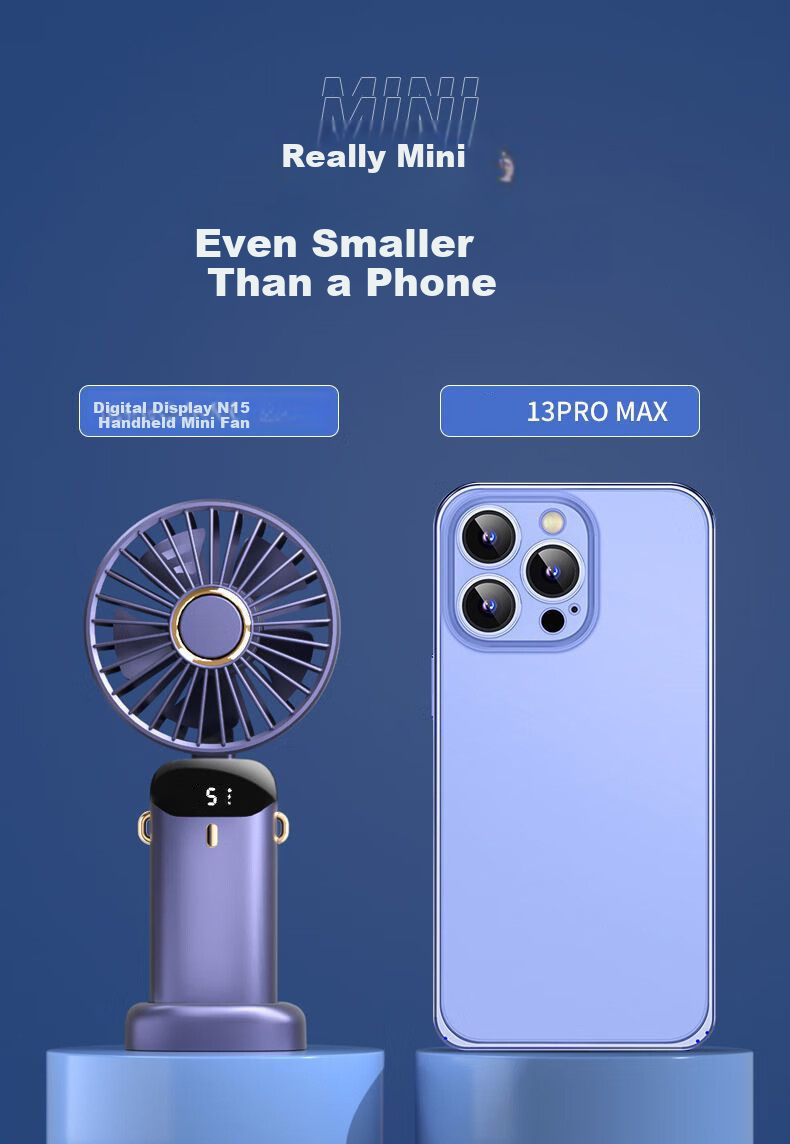 HBOALG Handheld Mini Fan with Foldable Stand, USB Fan with Digital Display, Long Standby Time, Portable Electric Fan for Student Dormitory And Office, Rechargeable, White 16