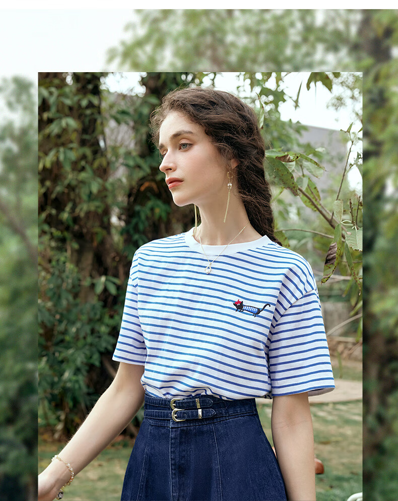 Olrain Blue and White Striped Short Sleeve T-Shirt Summer New Fashion Youthful Top Blue and White Stripes XL 4