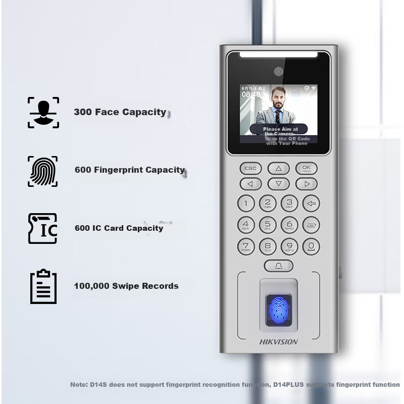 HIKVISION Attendance Machine And Access Control All-In WiFi Version, 2.4-Inch Facial Recognition And Fingerprint Smart Clock-In Device, Mask Detection, White Light Fill-In D14 PLUS