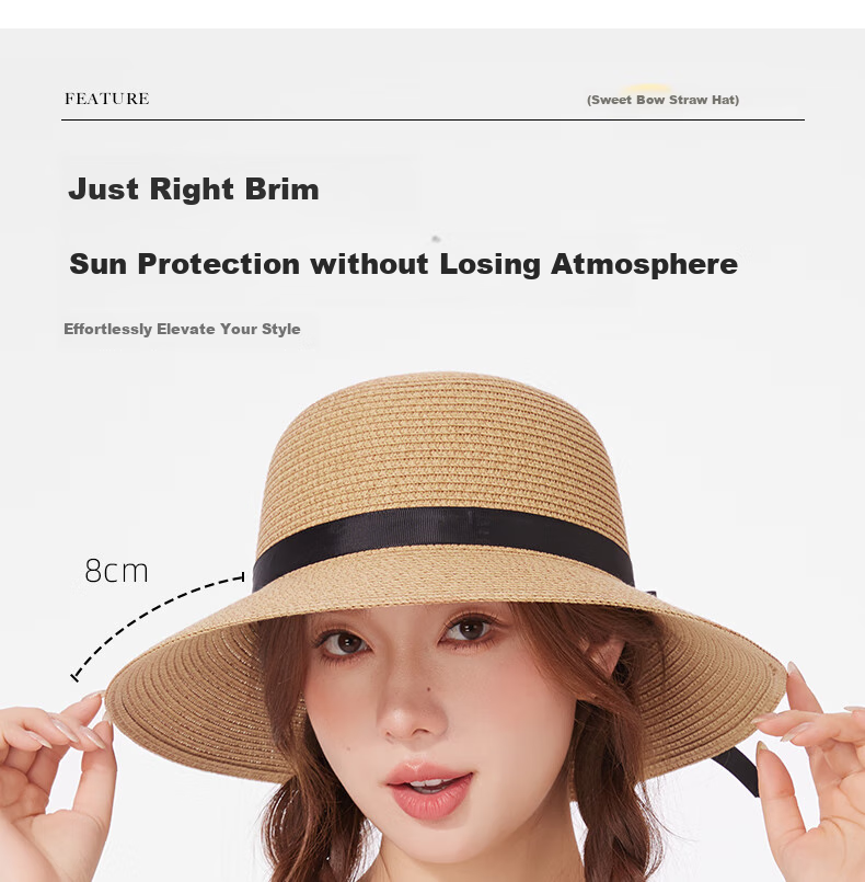 CACUSS Women's Sun Protection Hat, Spring And Summer Straw Hat, Sun Visor, Fisherman Hat, Beach Outdoor Sweet Bow Tie Khaki 4
