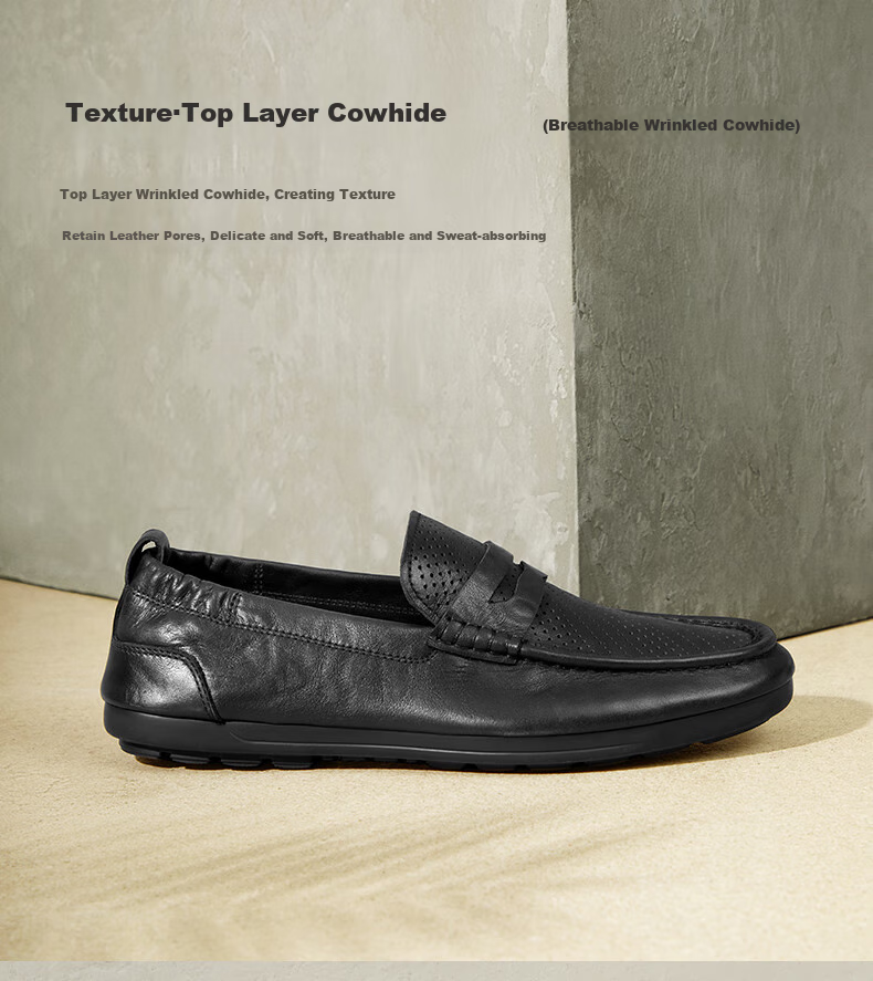 Belle Slip-On Casual Shoes for Men, Same Style As in Shopping Malls, Cowhide Leather Perforated Breathable Loafers 8HG01BM4 Black Size 40 3