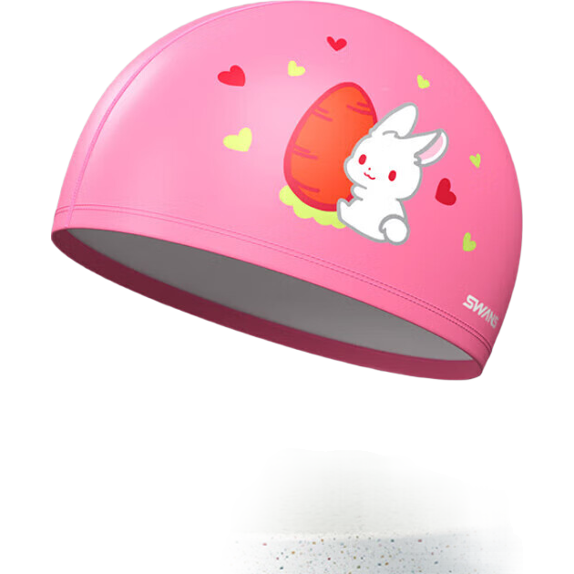 SWANS Children's Swim Cap, PU Material, Non-Binding for Girls, Printed Fabric, Swimming Cap for Boys, Professional Waterproof Ear Protection, Cute Little White Rabbit Desig