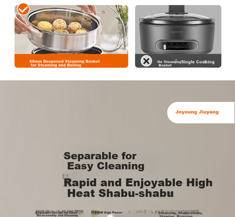 Joyoung Household 5L Large Capacity Electric Hot Pot And Steamer, Upper Steaming Lower Cooking Detachable Design, Specialized Hot Pot, Multifunctional Electric Cooking Pot HG50-G525S with Steamer Basket 6