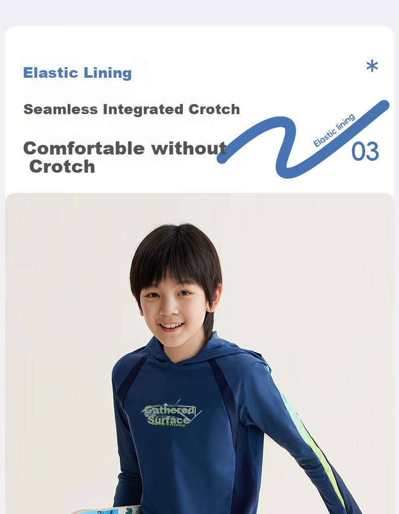 Li-Ning Children's Swimwear, Boys' Long-Sleeve Sun Protection Two-Piece Surfing Suit, Patterned Swim Trunks, Hot Spring Swimming Gear, 8031 Blue, Size 160 5