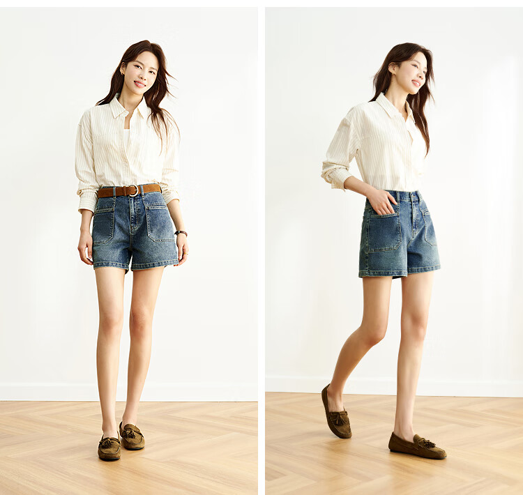 Semir Senrou | Women's Jeans, Summer Vintage Washed, Semi-Elastic Waist, Shorts, Retro Trendy Straight-Leg Pants, 103325122001 8