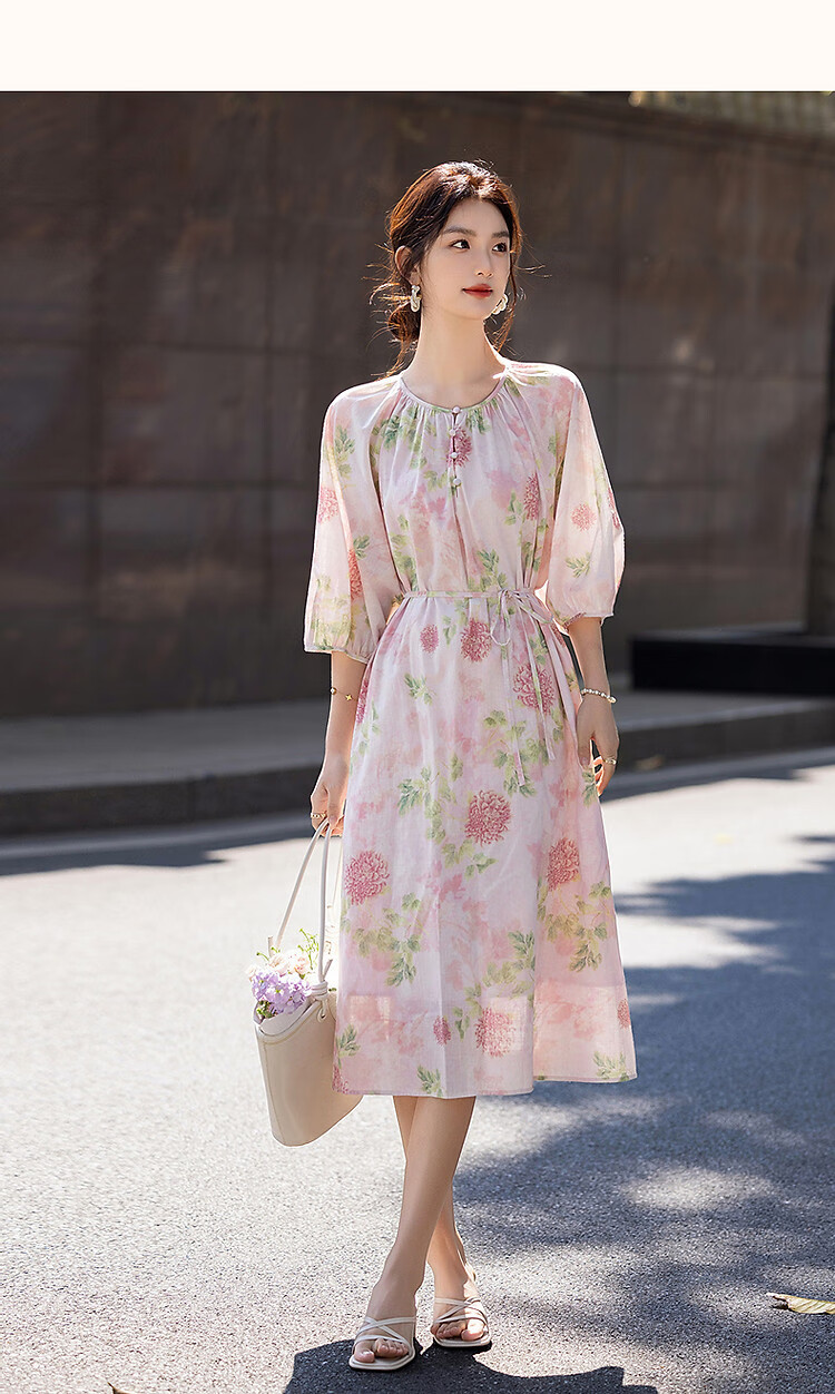 Dme [100% Cotton Bamboo Print] Summer French Romantic Floral Print Five-Quarter Sleeve A-Line Waist-Cinching Mid-Length Women's Dress 8