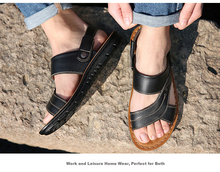 EGCHI Men's Sandals, Outdoor Slippers, Top-Grain Leather, Breathable Beach Shoes, 12129 Brown, Size 39 19