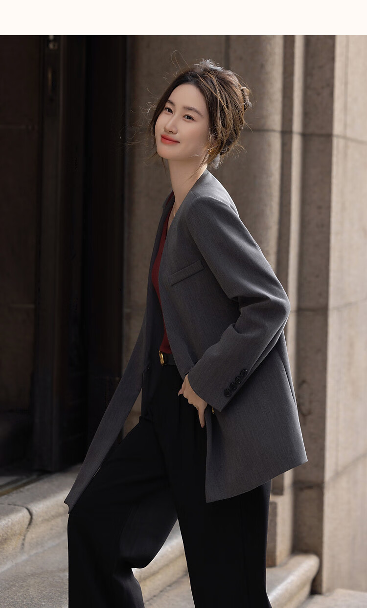 Dme [Jingshuo Tongkun] Spring And Autumn Stylish Lapelless Asymmetric Turn-Down Blazer, Simple Slim-Fit Short Suit Jacket for Wome 12