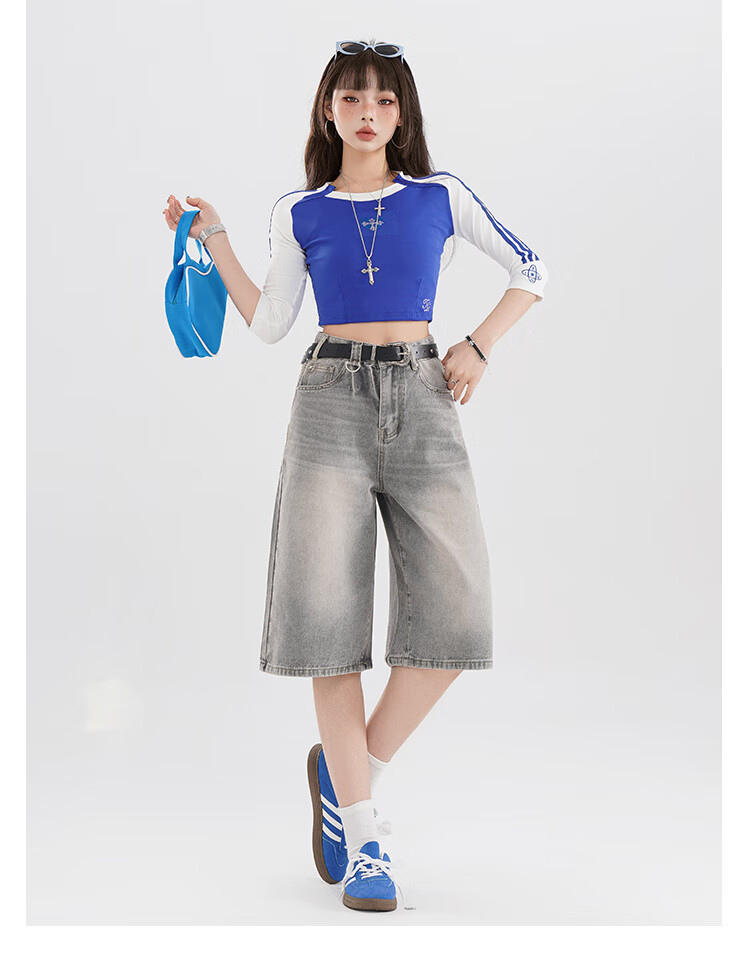 Free Style High-Waist Vintage Blue Cropped Denim Shorts for Women Summer 2026 New Loose Slimming Wide-Leg Casual Pants 10