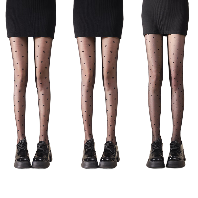 LangSha Polka Dot Black Sheer Tights Thin Anti-Snag Spring Autumn Sexy Long Leg Heart Pattern Pantyhose