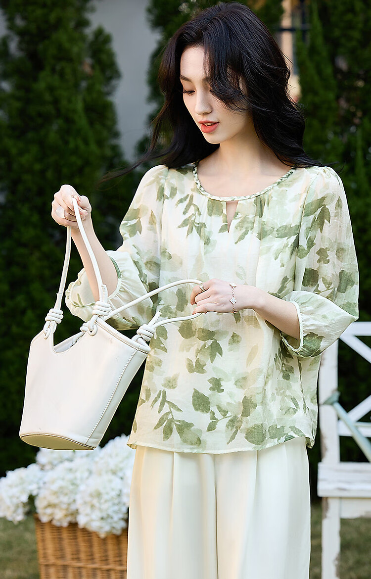 Dme [Zhi Ci Qinglu] Summer Artistic Style Lyocell Printed Shirt, Natural Comfortable Flowy Blouse, Women's Top 9