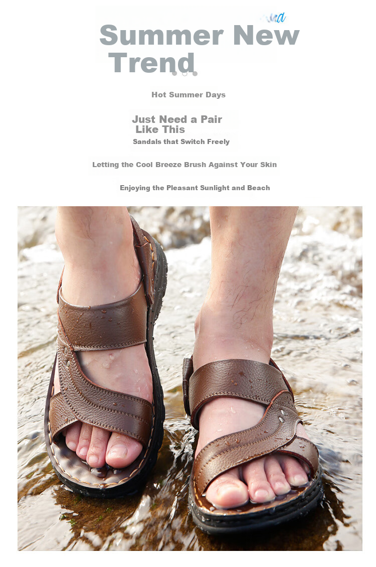 EGCHI Men's Sandals, Outdoor Slippers, Top-Grain Leather, Breathable Beach Shoes, 12129 Brown, Size 39 6