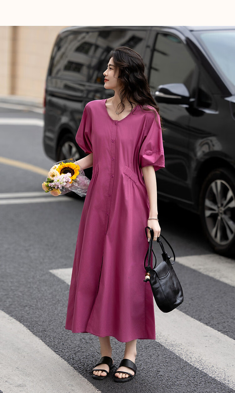 Demana 100% Cotton Summer Elegant V-Neck Elastic Waist Short Sleeve Mid-Length Slimming Women's Dress 16
