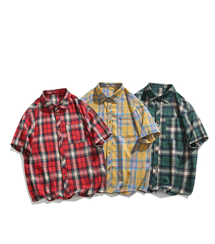 CLOR American Retro Lapel Plaid Shirt for Men, Spring And Summer Style, Loose Casual Trendy Short Sleeve CLCX05 Green 4XL 5
