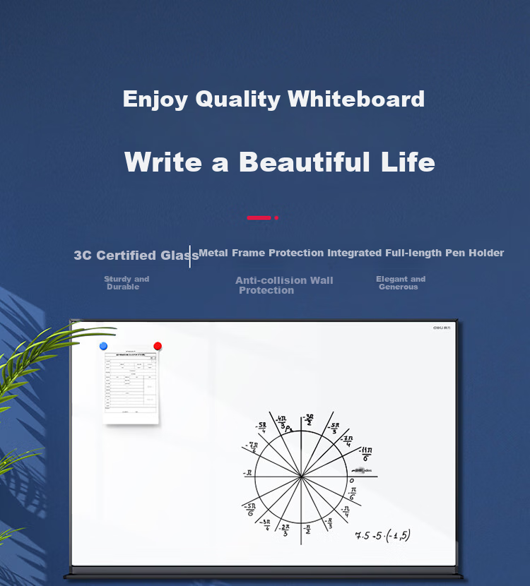 Deli 120*90cm Aluminum Frame Magnetic Hanging Tempered Glass Whiteboard, Office Meeting Writing Board Blackboard, Includes Whiteboard Eraser, Whiteboard Markers, Magnetic Pins 50051 4
