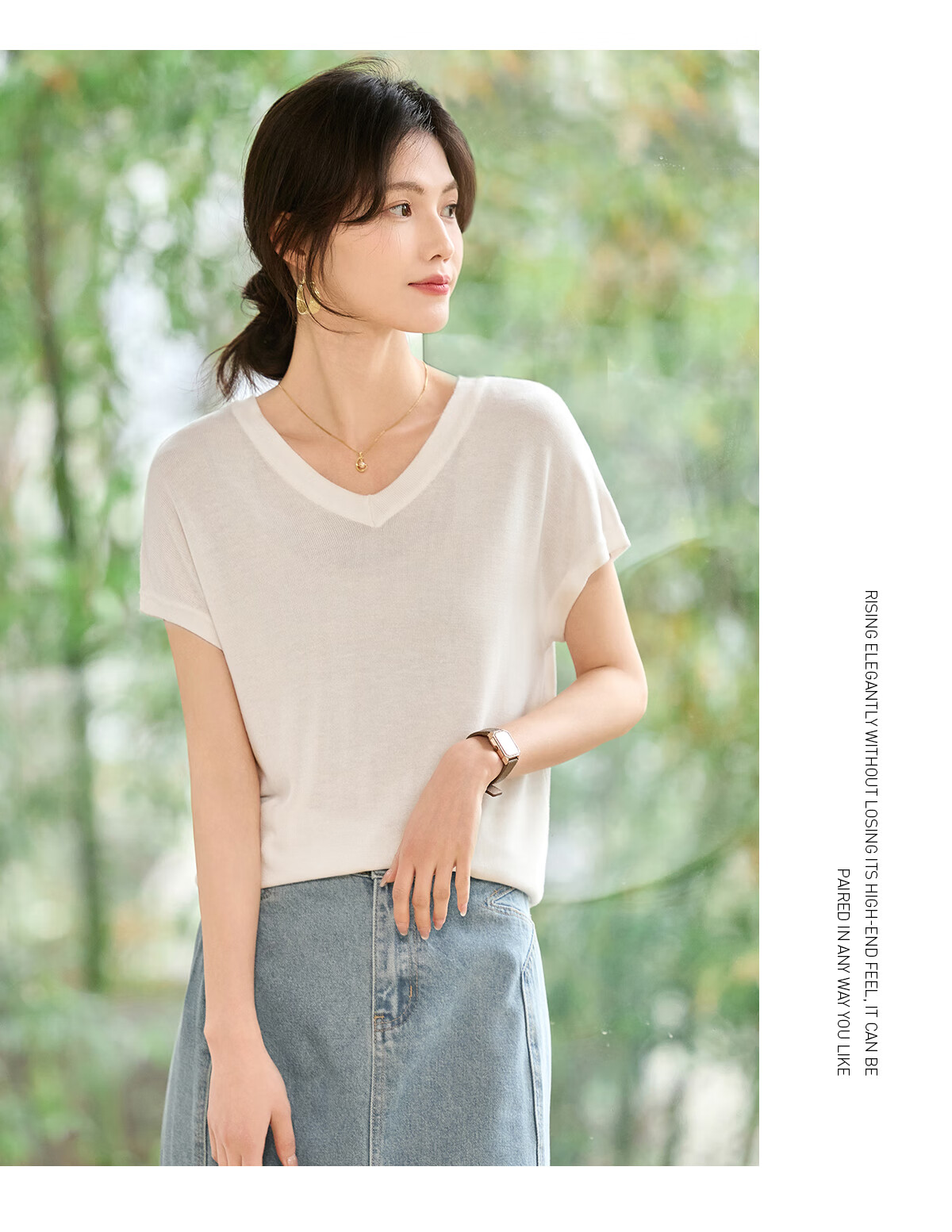 Taxiang Women's Short-Sleeve V-Neck Thin Summer Knit T-Shirt with Hollow Design at Back, Distinctive Top Blouse T52T078 13
